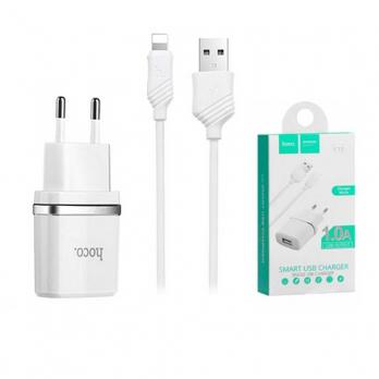 Комплект сетевое зарядное устройство HOCO C11 USB 1A Lighting 8pin + ДК белый