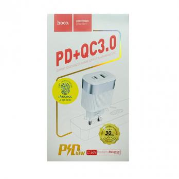 Сетевое зарядное устройство быстрое PD 3.0+QC 3.0 USB+USB Type-C Hoco C58A Prominent - Белое